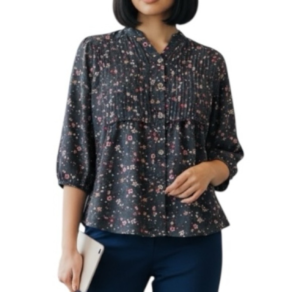 Matilda Jane Medium Floral Pleated Boho Shirt Ditsy Floral Ruffle Blue Casual